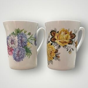 Windsor Fine Bone China Mugs Set of 2 Floral Yellow Rose Wildflower England